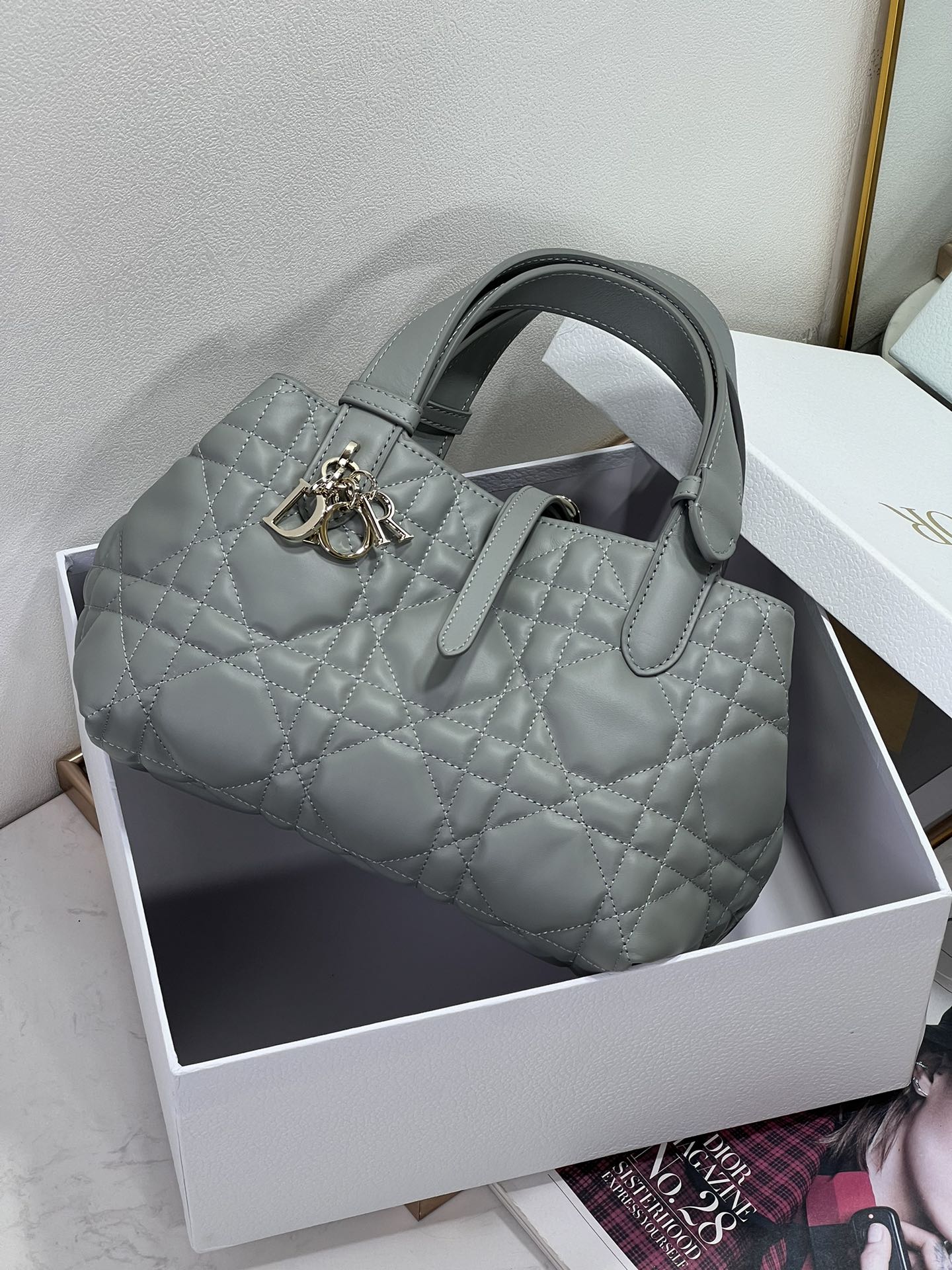 Small Dior Toujours Bag Gray Macrocannage Calfskin